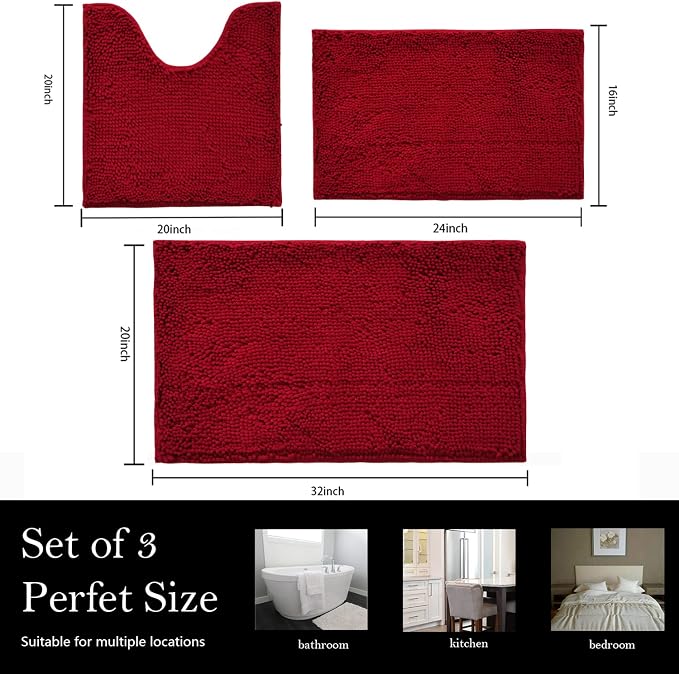 Bathroom Rugs Chenille Bath mat 3-Piece Set, Super Absorbent, Strong PVC Non-Slip, Bath Carpet, Plush Shaggy, Thick, Machine Washable, for Tub, Shower, Toilet, Burgundy
