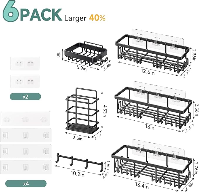 Veken Shower Caddy 6-Pack with Hooks, Bathroom Organizers & Storage, Black | Advanced Rustproof Design, Large Capacity, No Drilling, Adhesive Shelves Rack, Wall-Mounted Kitchen & Home Decor