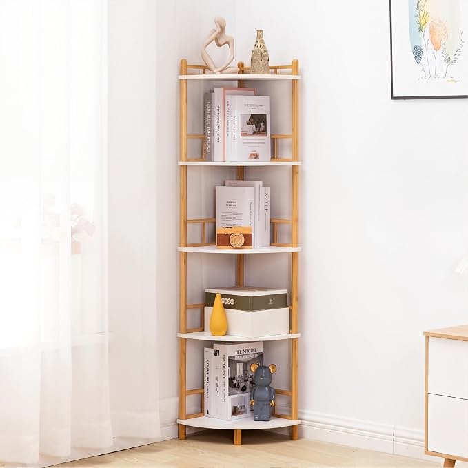 5-Tier Expandable Bamboo Corner Shelf Stand,Corner Bookshelf, Display Storage Shelves with Open Shelves, for Organization and Storage, Living Room, Home Office, Garage (White, 5-Tier WithRail)