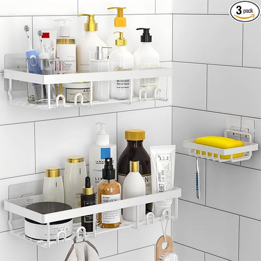 Moforoco 3-Pack Shower Caddy Basket Shelf with Soap Holder, No Drilling Traceless Adhesive Shower Wall Shelves, Rustproof Black Bathroom Shower Storage Organizer