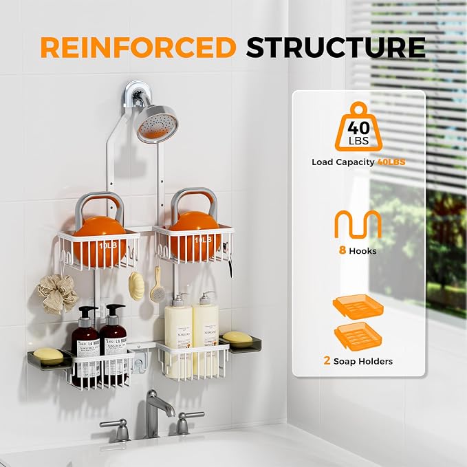 Adjustable Aluminum Shower Caddy Hanging for Handheld Showerhead, White | Rustproof Aluminum, Shower Organizer, Anti-Slip, Quick-Drain Shelf, 40lbs Capacity, Suction Cups, 8 Hooks, Razor Soap Holders