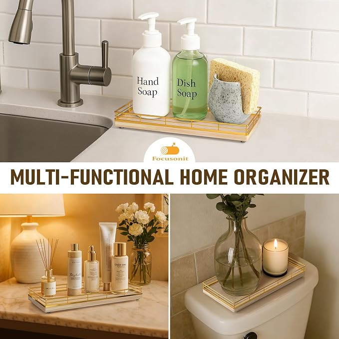 Bathroom Vanity Tray for Countertop, 12" x 6" Oak Wood Toilet Tank Tray with Metal Guardrail, Bathroom Organizer for Soap, Perfume & Skincare, Non-Slip Decorative Tray for Dresser, Gold & Natural Oak