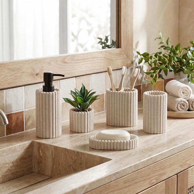 Bathroom Accessories Set,Sandstone Look Beige, Thick Stripe, 5 PCS | Modern, Minimalist, Included 13.5 OZ Soap Dispenser, Toothbrush Holder, Tumbler, Bar Soap Holder, Faux Potted Plant