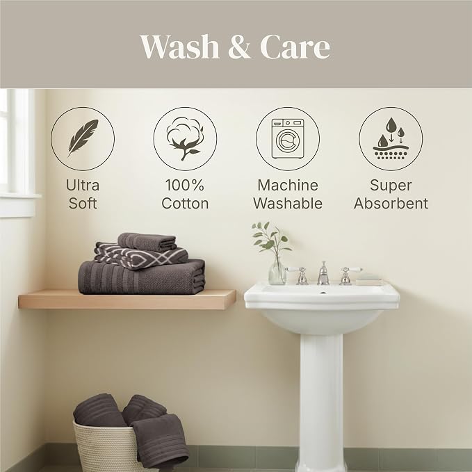 Modern Threads 6 Piece Bath Towel Set – Bathroom Set with 2 Bath Towels, 2 Hand Towels, and 2 Wash Cloths – 100% Cotton, Super Absorbent & Extra Soft – Reversible Classic Diamond (Gray)