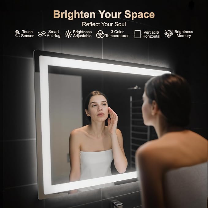 Delma 30x40 LED Bathroom Vanity Mirror with Lights, Anti-Fog, Dimmable | Front & Backlit with 3 Color Modes and Memory, 5mm Shatterproof Glass, Plug-in or Hardwired, Horizontal or Vertical