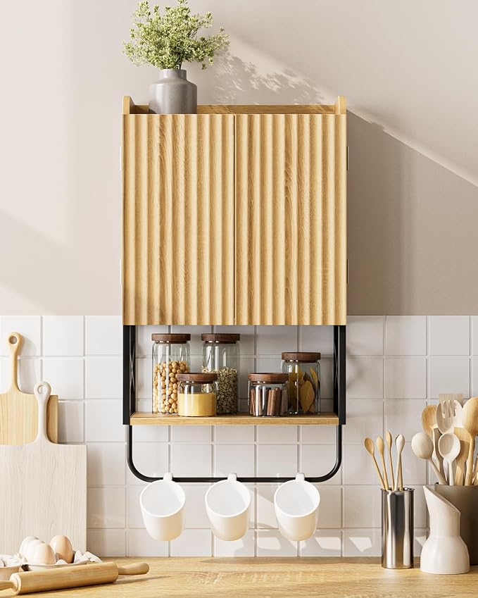 Masupu Bathroom Cabinet Wall Mounted, Wooden Medicine Cupboard with Adjustable Shelves, Space-Saving Wall Storage Unit for Bathroom, Kitchen and Living Room (9" D x 15.35" W x 27.16" H,Modern Oak)