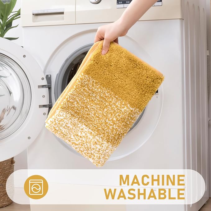 Bsmathom Bathroom Rug Set 4 Piece, Plush Microfiber Bath Mat, Mustard | Extra Water Absorbent, Non Slip Washable Runner Bath Rugs with Toilet Lid Cover and U-shaped Contour Toilet Mat