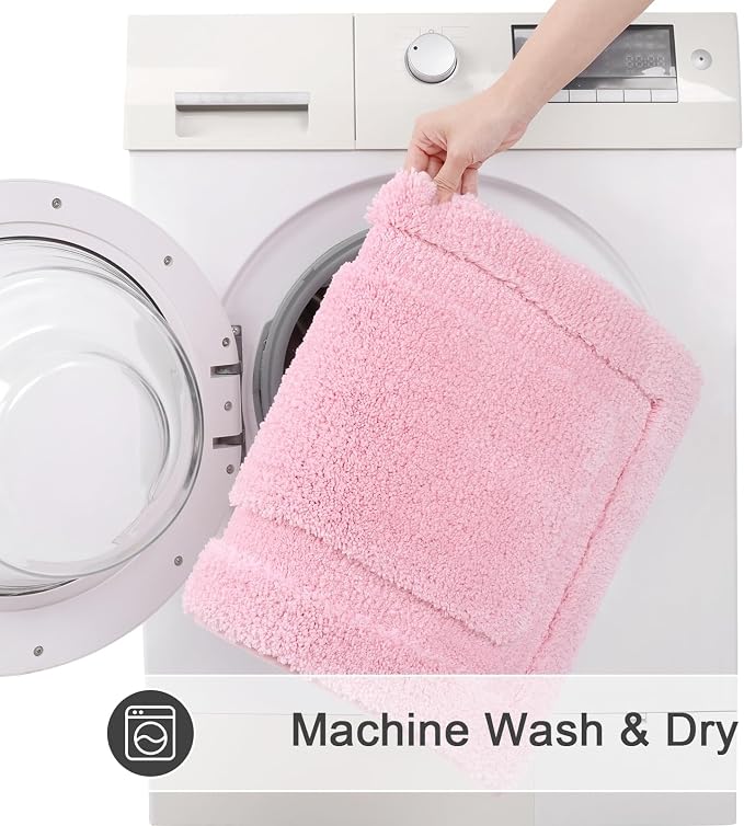 SHACOS Soft Microfiber Bathroom Rugs Set 2 Pieces with Toilet Rug | Absorbent Plush Bath Mat U Shaped Contour Bath Rug, Non Slip Washable Fluffy Bathroom Floor Mats, 32x20+24x20, Pink