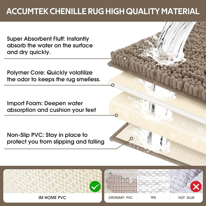 ACCUMTEK Upgrade Extra Large Dark Beige Bathroom Rug Set 3 Pieces Gray Ultra Soft, Thick Absorbent Bath Mats, Non Slip Chenille Toilet Mat Bathroom, Bedroom, Kitchen, Taupe