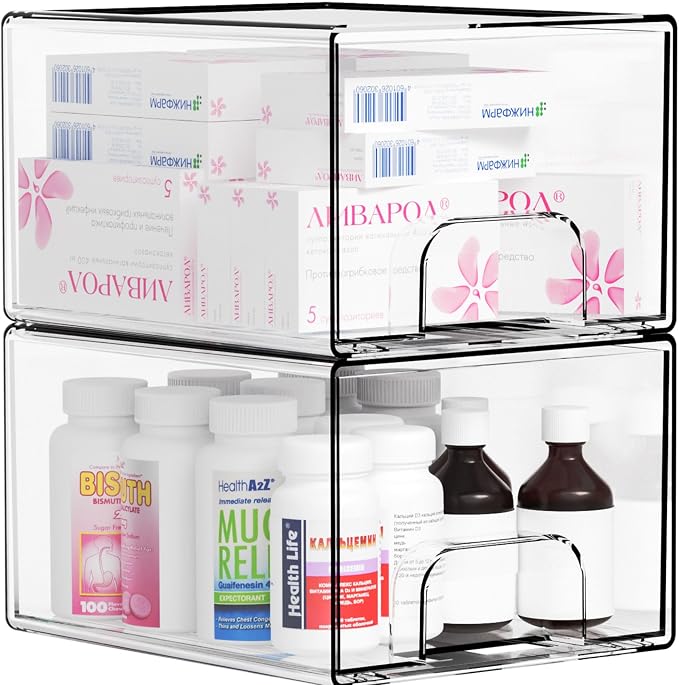 4.4" Tall Small Clear Acrylic Stackable Storage Drawers for Vanity,Under Sink,Bathroom Closet,Medicine Cabinet Organization and Plastic Storage Bins for Organizing Makeup,Baby Bottles,Pacifier,2 PCS