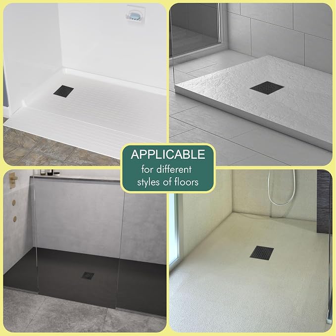 4 Inch Shower Floor Drain with Flange - Square Shower Drain with Hair Strainer - Removable Grid Strainer Cover - SUS304 Stainless Steel - Matte Black
