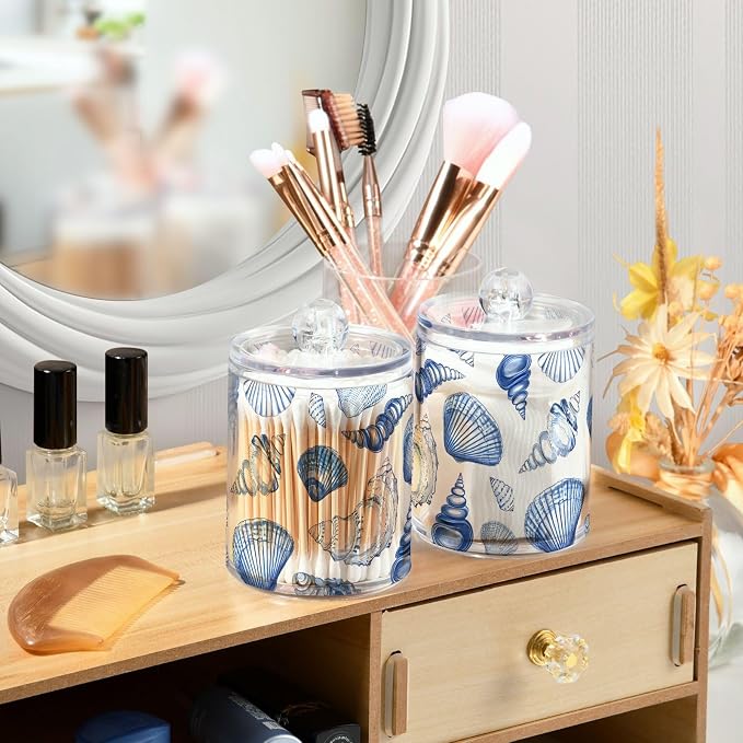 2 Pack Qtip Holder Dispenser for Cotton Ball Blue Seashells Ocean Nautical Coastal Cotton Swab Round Pads Clear Plastic Acrylic Jar Set Bathroom Canister