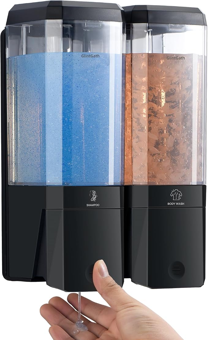 Shampoo and Conditioner Dispenser,GlintGath Shower Dispenser 2 Chamber No Drill Shampoo Dispenser for Shower Wall Mounted Shower Soap Dispenser for Bathroom Hotel,Large Capacity 2 * 500ML,Black