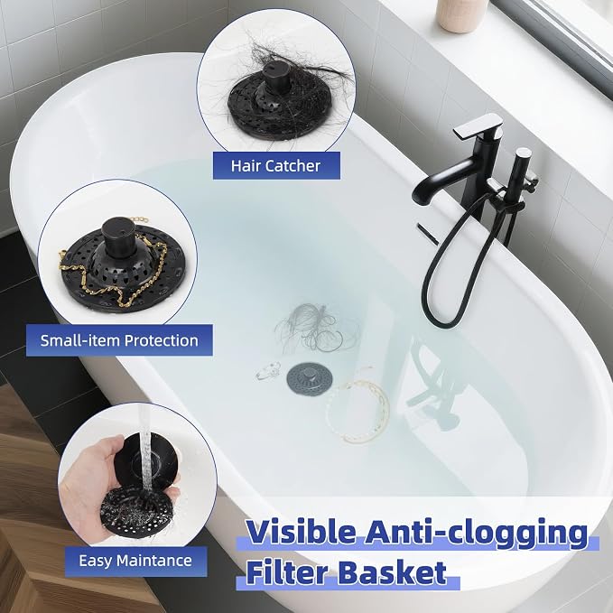 2PCS Universal Metal Bathtub Drain Stopper Hair Catcher, Oil Rubbed Bronze | Shower Drain Tub Stopper with Stainless Steel Visible Filter Basket, Upgraded 3 in 1 Pop-up Drain Plug for 1.5 to 2.4" Hole