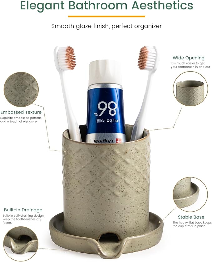 Zoeeker Toothbrush Holders for Bathrooms, Self-draining Toothbrush Holder | Ceramic Electric Toothbrush and Toothpaste Holders Countertop Organizers and Storage for Shower, Vanity, Pen Holder, Green