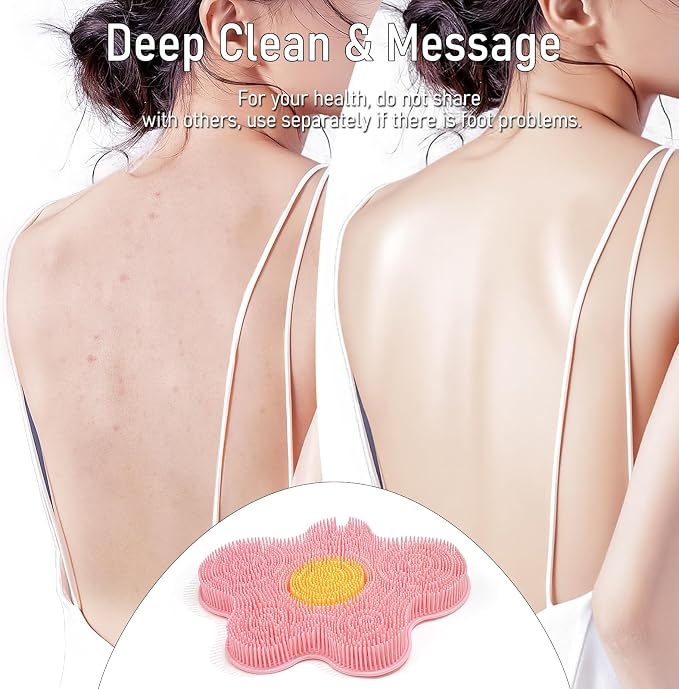 Shower Foot Scrubber Mat Silicone Back Scrubber Exfoliating Wall-Mounted, Feet Cleaner Message with Suction Cups Extra Long Bristles Washer Pad without Bending for Use in Shower Floor Women Pink