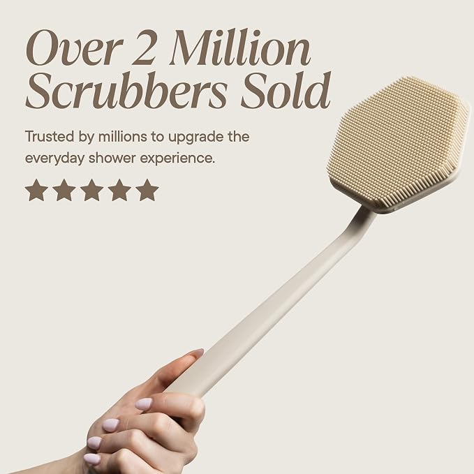 TOOLETRIES Silicone Back Scrubber with Hook, Exfoliating Body & Bath Brush, Long Ergonomic Handle, Non-Slip Grip for Hard-to-Reach Areas, Hygienic Silicone Bath Accessory for Men & Women - Sand