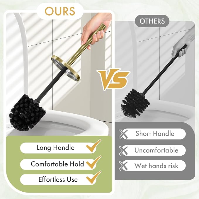 Toilet Bowl Brush and Holder Set 2 Pack with 4 Extra Brush Heads (Gold) | Extra Long Handle with Splash Guard Cover, Tool-Free Installation, Bathroom Space-Saving, Cleaner Sets for Apartments, RV