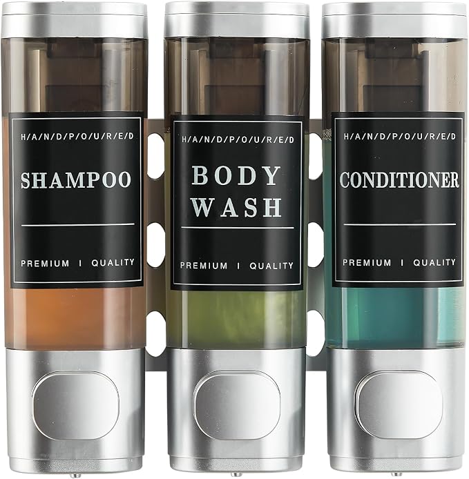Shampoo and Conditioner Dispenser, Shower Soap Dispenser Wall Mounted, Shampoo Dispenser for Shower Wall No Drill, Bathroom Body Wash Dispenser 3 * 350ml Silver 3 Chamber