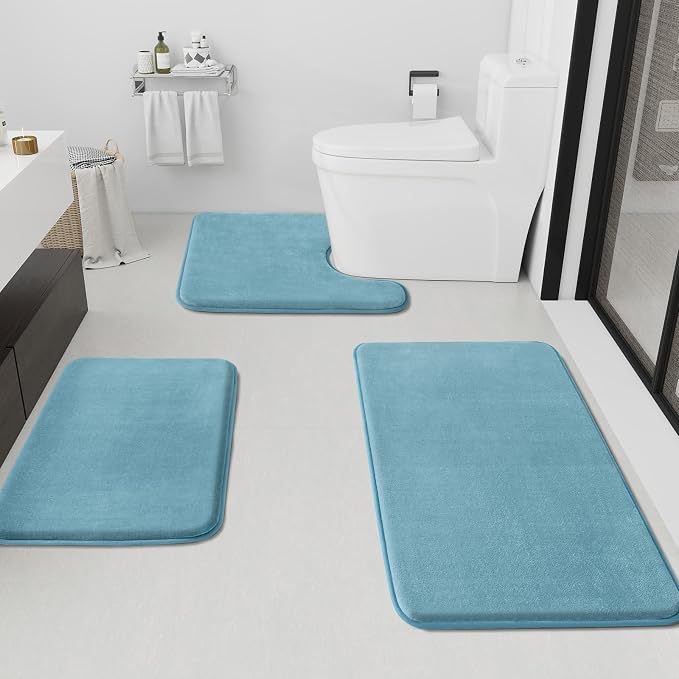 HUXMEYSON Bathroom Rugs Sets 3 Piece, Non-Slip & Quick Dry Bath Mat Set, Ultra Soft Velvet Bath Rugs for Bathroom, Toilet and Shower Floor, Lake Blue