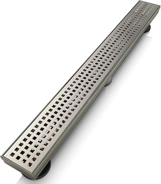 WEBANG 24 Inch Linear Shower Drain Rectangular Floor Drain with Accessories Square Hole Pattern Cover Grate Removable SUS304 Stainless Steel CUPC Certified Brushed Nickel