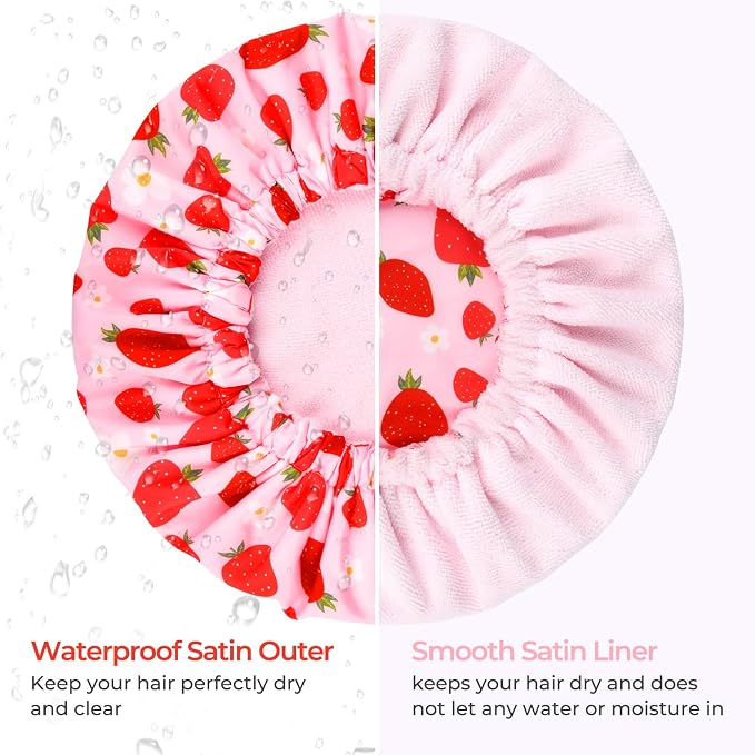 Shower Cap for Women Terry Lined Bath Cap Large Reusable Waterproof Elastic Band Pink Strawberry Shower Caps for Long Thick Hair Soft Bath Shower Hair Caps