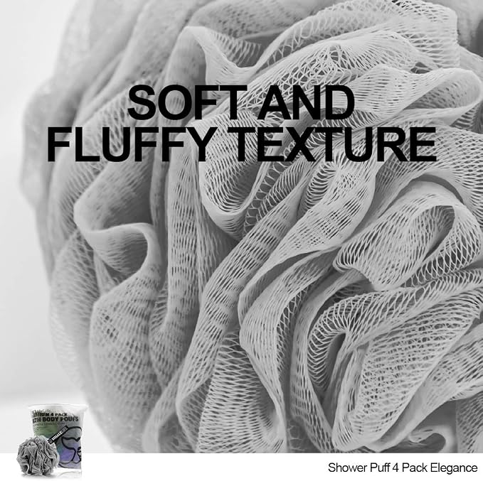 Bath Loofah Sponge for Shower - Body Scrubber 4-Pack Gray Blue Green Purple | 10X Suds Save Body Wash Double Knotted Anti Tear Core Fast Dry Cotton Loop Stay Fresh Large Mesh for Sensitive Skin