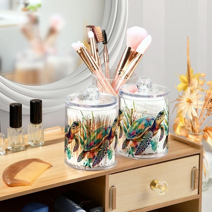 2 Pack Qtip Holder Dispenser for Cotton Ball, Swab, Round Pads - Turtle Watercolor Clear Plastic Acrylic Jar Set Bathroom Canister