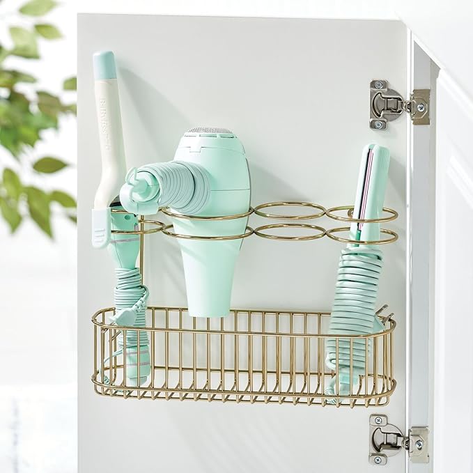 mDesign Hair Dryer Caddy – Wall Mounted Storage Rack with 4 Compartments – Hair Tool Organiser for Dryers, Curling Wands, Straighteners – Brass