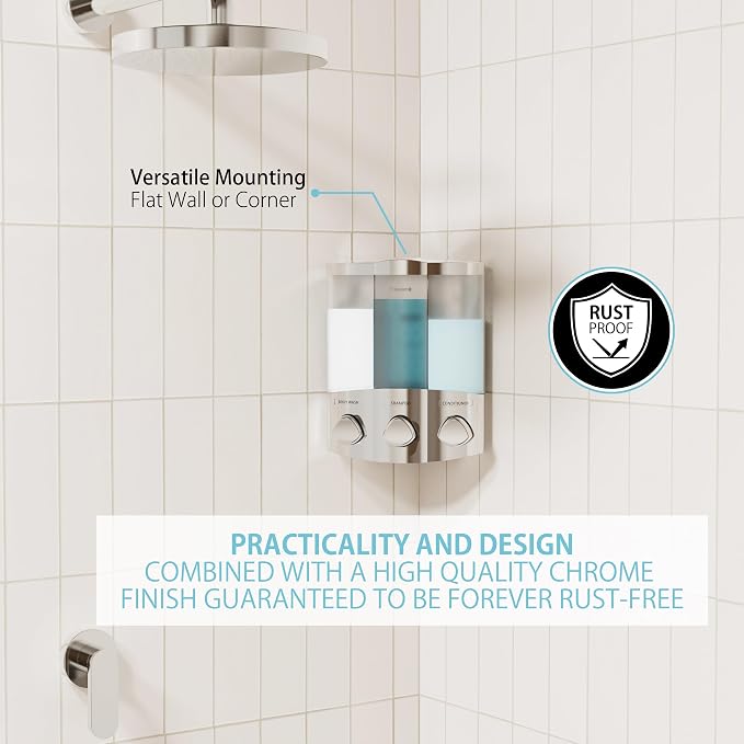 Better Living Products 76344-1 Euro Series TRIO 3-Chamber Soap and Shower Dispenser, Chrome