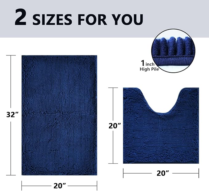 BOANKODU Bathroom Rug Sets 2 Piece, Non-Slip Soft Chenille Bath Mat, 32x20 + 20x20 Inch U Shape, Machine Washable (Navy Blue)