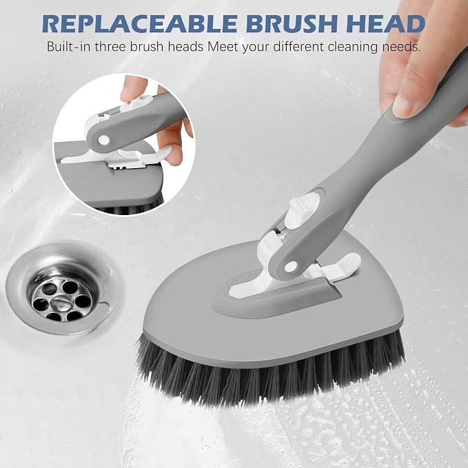 SetSail Tile Tub Scrubber Brush 3-in-1 Long Handle Shower Scrubber, Gray | with 3 Detachable Replacement Brush Head, Multi-Angle Cleaning Locks at 45°, 90°, 180° for Bathroom Kitchen Walls Tub Tile