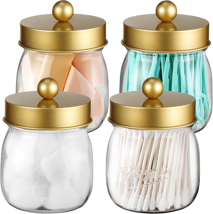 SheeChung 4 Pack Acrylic Mason Jar Qtip Holder Dispenser with Labels, Gold | Small Plastic Apothecary Jars,Vanity Canisters for Cotton Swabs,Balls,Floss Picks,Bathroom Storage Organizers,Farmhouse Decor