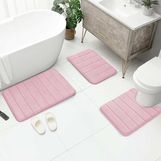 BYSURE Pink Memory Foam Bathroom Rug Set 17"x24"+20"x32"+U20 x24 | Non Slip Extra Soft Absorbent Machine Washable Toilet Bath Toilet Mat for Shower, Tub