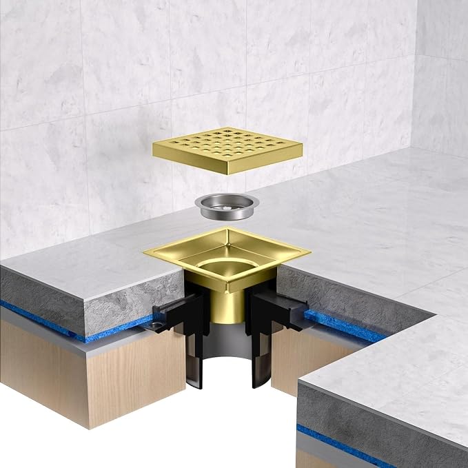 4 Inch Square Shower Drain Brushed Gold with Removable Quadrato Pattern Grate, SUS 304 Stainless Steel Floor Drain with Flange