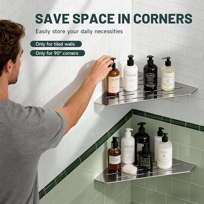 10" Corner Shower Shelf, Recessed Corner Shelves, 304 Stainless Steel Slot Design Bathroom Shower Shelves for Tiled Wall, 2 Pack, Brushed Nickel