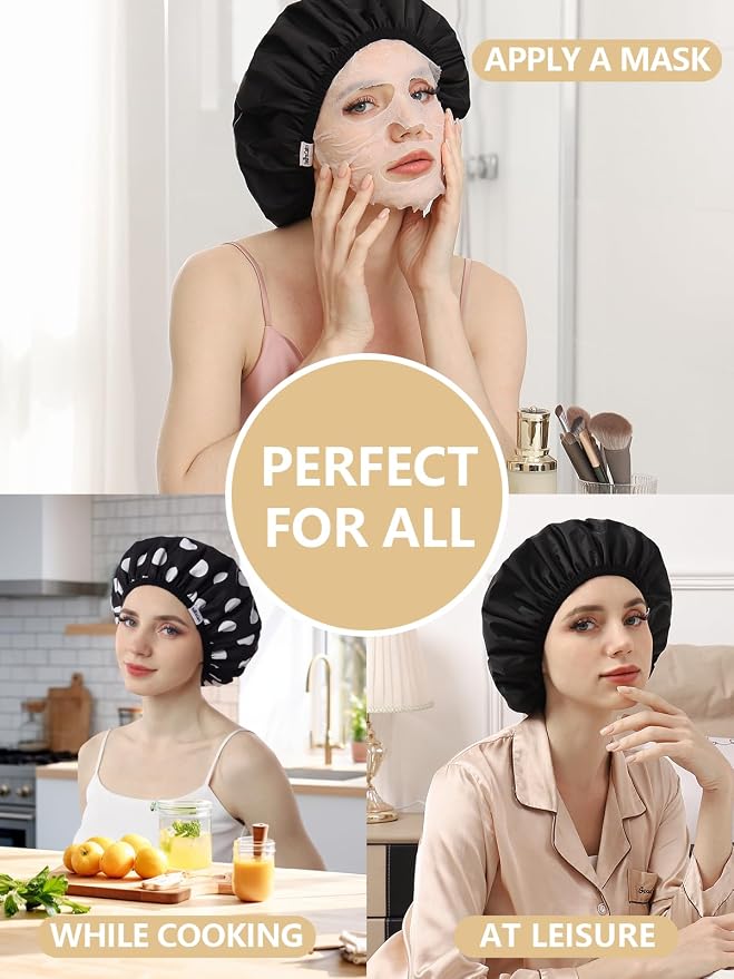 Years calm Shower Caps for Women Reusable Waterproof Double Layer Hair Cap | Both Sides Usable, Reversible Pattern & Solid Color Design, Soft Elastic Keeps Hair Dry for shower Spa Travel