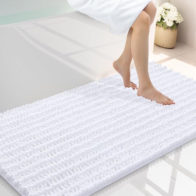 Smiry Bathroom Rugs 44X24, Extra Soft Rubber Backing Chenille Bath Mats | White Machine Washable Non Slip Quick Dry Bath Mats for Bathroom Floor, Tub, Shower, Home Decor Accessories