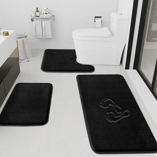 Bathroom Rugs Sets 3 Piece, Non-Slip & Quick Dry Bath Mat Set, Ultra Soft Velvet Bath Rugs for Bathroom, Toilet and Shower Floor, Black