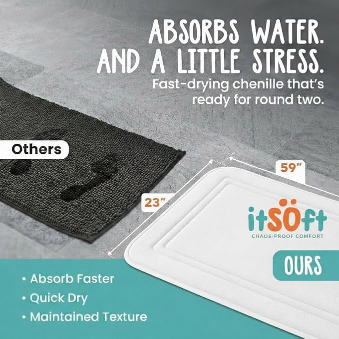 ITSOFT Memory Foam Bath Mat 59x23, Non Slip, Machine Washable, Quick Dry & Absorbent Rugs, Bath Mats for Bathroom Floor, Tub & Shower, Bathroom Rug, White