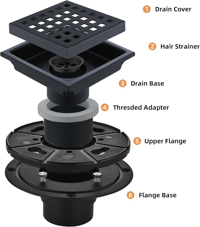 Square Shower Drain 4-Inch with ABS Flange, Matte Black, Removable Grille,Bathroom Stainless Steel Shower Floor Drain