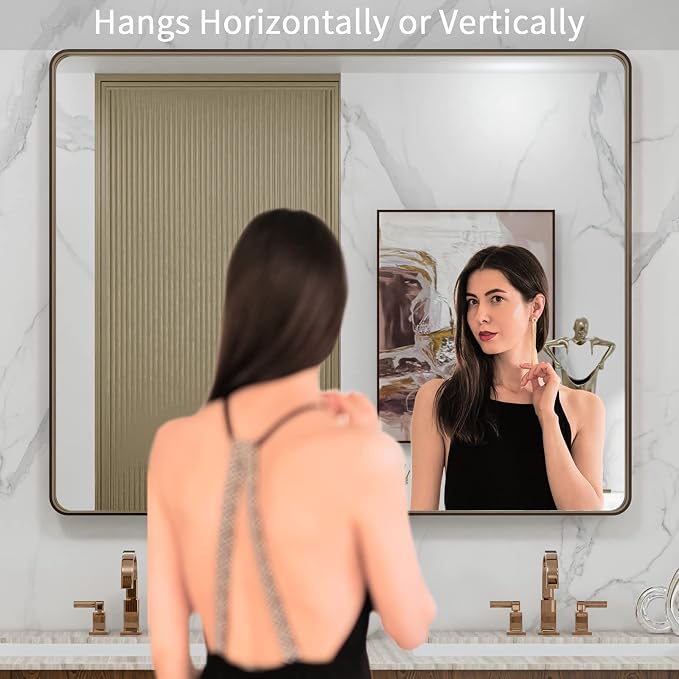 LOAAO 40"X32" Bronze Bathroom Mirror | Rounded Rectangle, Brushed Bronze Metal Frame, Anti-Rust, Tempered Glass, Hangs Horizontally or Vertically