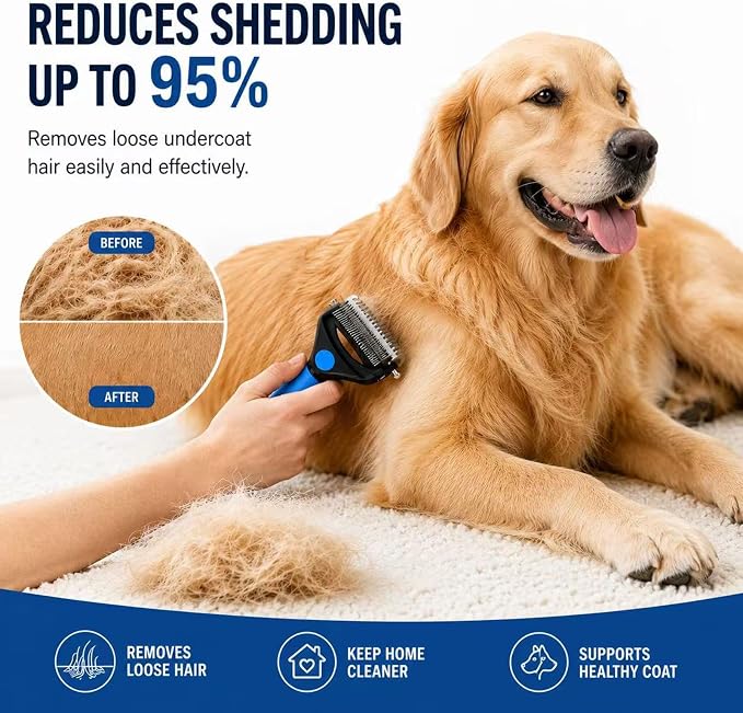 Deshedding Dog Brush，3-in-1 Undercoat Rake for Dogs，Pet Pro Grooming Tool – Ultimate Dematting Comb & Deshedding Brush for Cats and Dogs, Perfect for Shedding & Detangling (Blue)