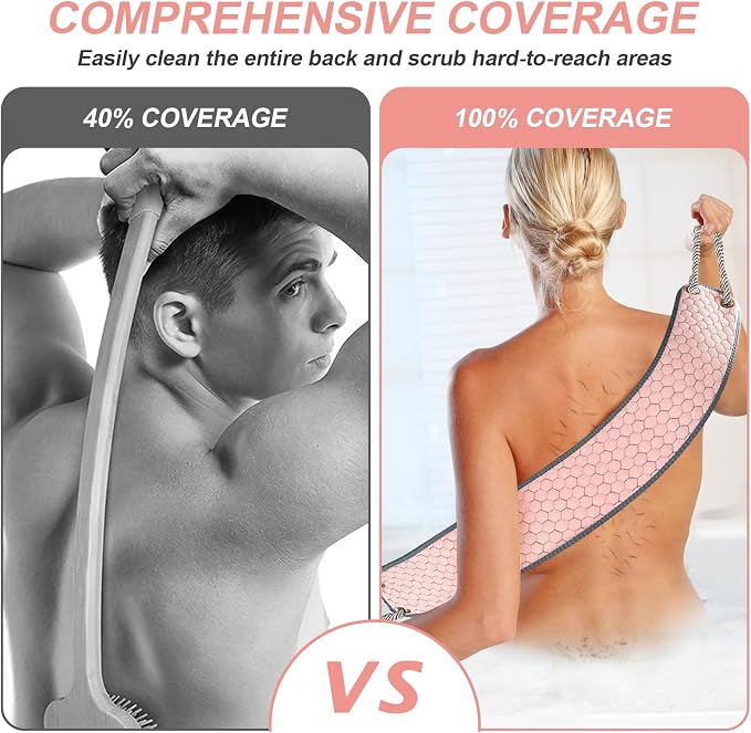 38 Inch Exfoliating Back Scrubber for Shower, Back Washer, Pink | Dual Handles Long Bath Exfoliator, Full Back Coverage without Straining, Dual-Sided for Deeper Cleansing, Men & Women Acne