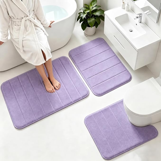 Memory Foam Bath Mat Set 3 Piece，Super Soft Absorbent Bathroom Rug Non Slip, Quick Dry,Machine Wash, Perfect Plush Bathroom Rugs,Home Decor Accessories,Lavender Purple