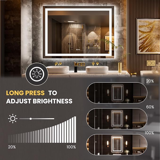 LOAAO 52"X36" LED Bathroom Mirror with Lights, UL Listed | Anti-Fog, Dimmable, 3 Color Temperature, Backlit + Front Lit, Memory Function, Tempered Glass