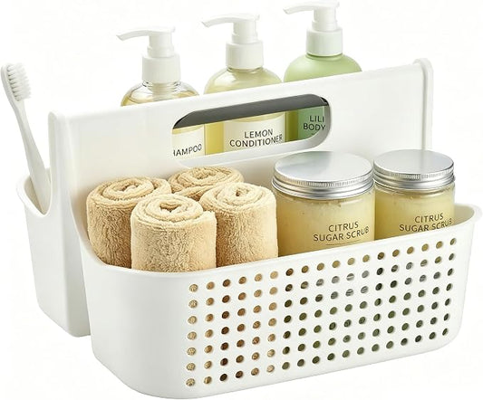 Haundry Portable Shower Caddy Basket, 2 Compartments Plastic Cleaning Caddy Organizer, Large Storage Tote with Handle for Bathroom, College, Dorm Room Essentials, White