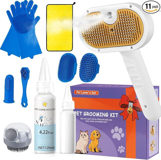 Pet Steam Brush for Dogs & Cats, 3-in-1 Shedding Grooming Tool | 3-in-1 Self Cleaning Spray Comb, Waterless Shampoo, Defur Tool, Bath Gloves, Bath Brush, Tooth & Ear Brush, Towel (11PCS)