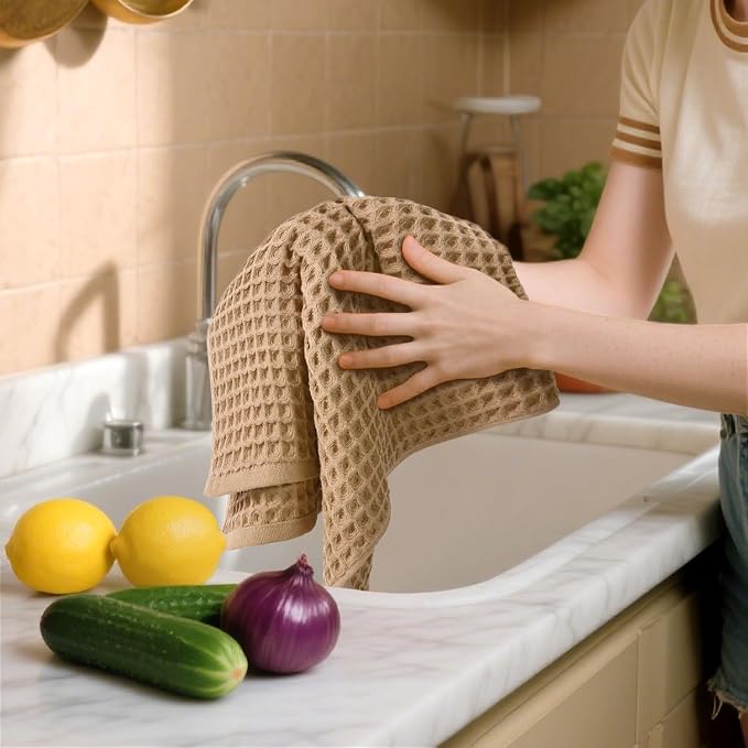 Waffle Bathroom Hand Towels 2-Piece (Tan) – Cotton, Soft, Lightweight | Lint Free, 13” x 29”