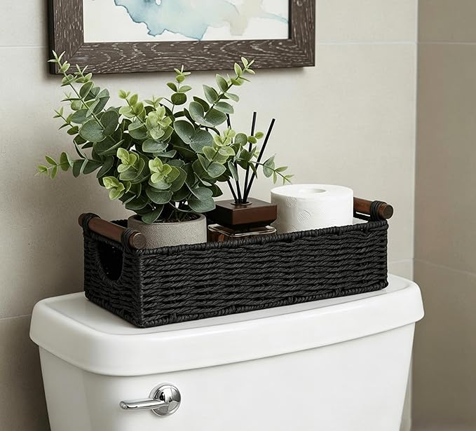 CubesLand Small Wicker Toilet Basket Tray Organizer W/Cut Out Handle, Handwoven Slim Decorative Basket for Countertop, Shelves And for Rustic Home Decor, Living Room, Nursery Organization, Black